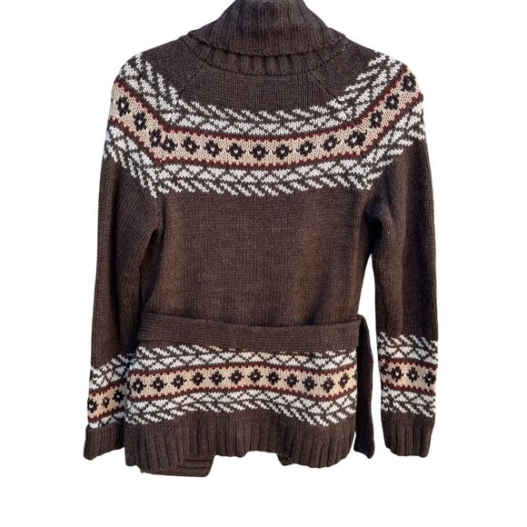 St Johns Bay Womens Shawl Collar Brown Fair Isle Knit Belted Cardigan Sweater PM - Picture 4 of 10